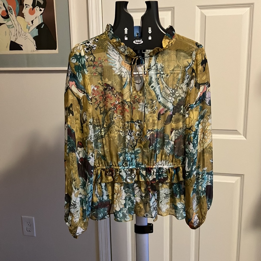 Anthro Hemant Nandita Silk Peplum Blouse Gold Olive Bird Floral Boho MSRP $198